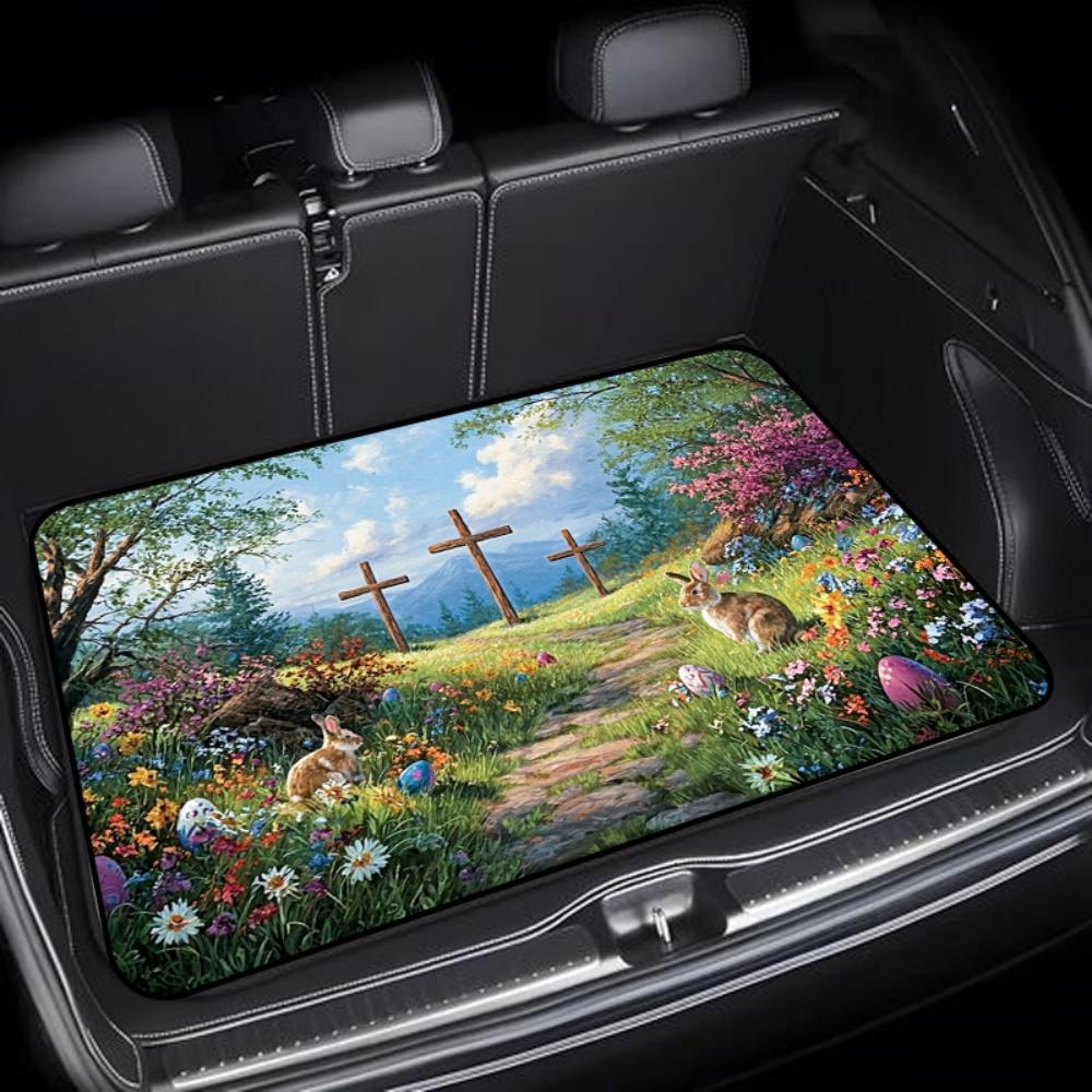 1pc Stylish Car Trunk Mat | Easter Scene with Wooden Crosses, Colorful Flowers, Rabbits, and Easter Eggs in a Mountainous Field - Durable Polyester, Keeps Trunk Dry & Clean, Adds to Vehicle Interior