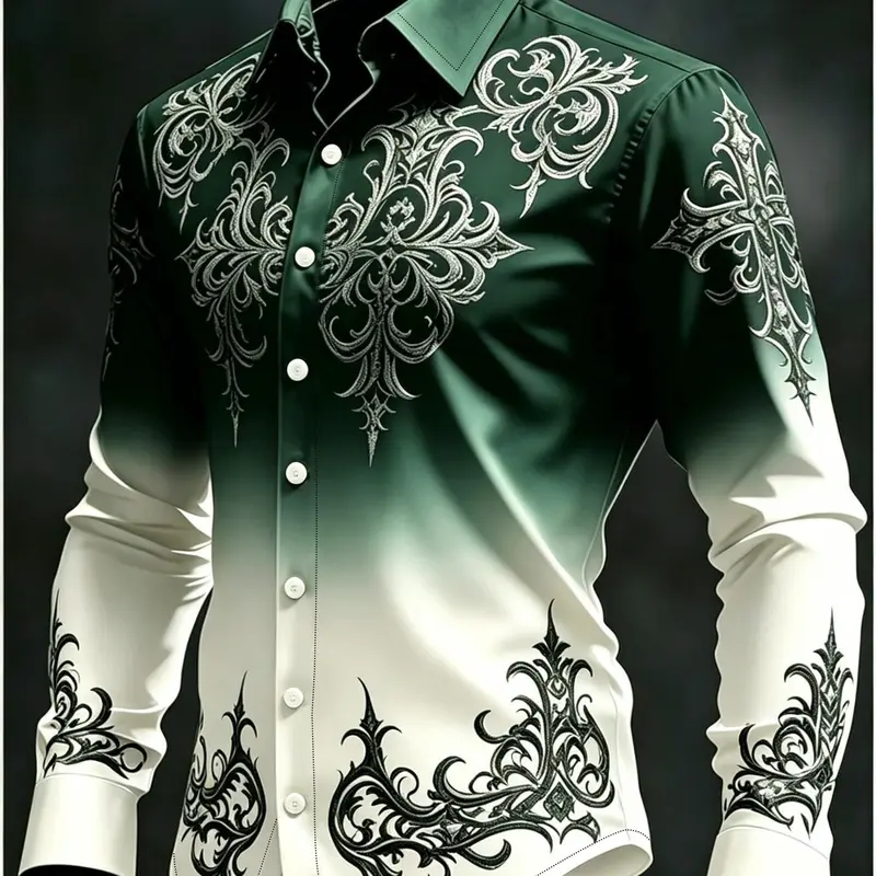 Men's Gradient Vintage Print Shirt, Vintage Graphic Shirt, Long-Sleeve, Wrinkle-Resistant, for Casual Wear, Parties, and Daily Styling, Great Gift, Menswear