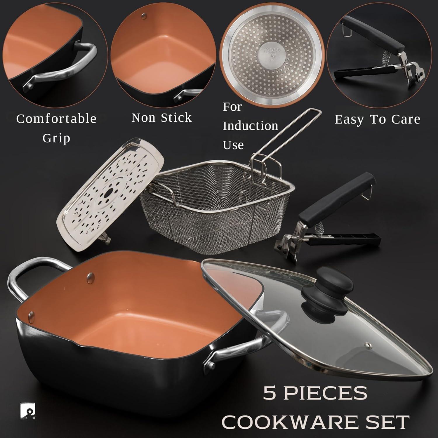 5 count Black Copper Chef Cookware Non Stick Deep Frying Pan, Fry Basket, Steamer Rack, Dishwasher  Oven Safe, 5 Qt Deep Square Pan, Induction Copper Cookware Set - 9.5" x 3.5"