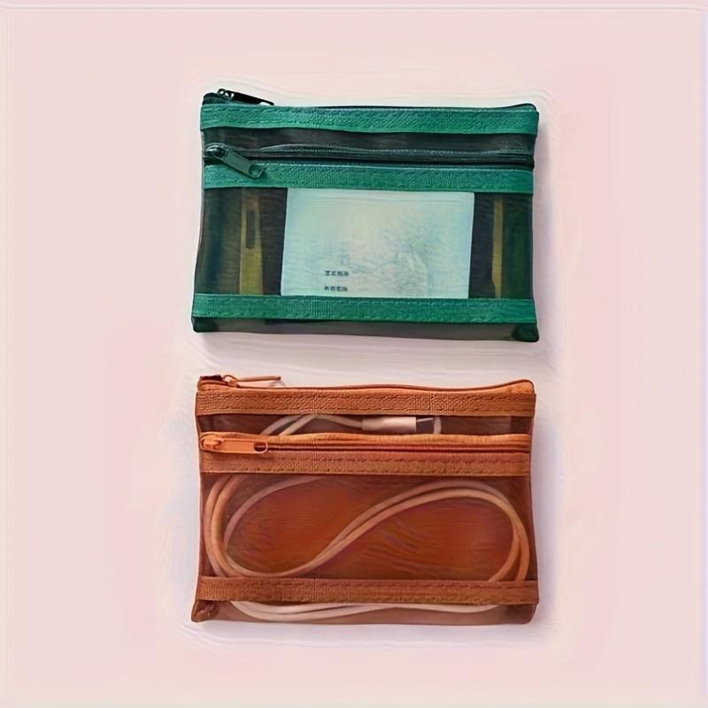 2/5pcs Transparent Double-layer Storage Pouch, Double-layer Vintage-colored Mesh Pouch, Can Be Used as a Coin Purse, ID Card and Business Card Holder, Also Suitable for Storing Small Items and as a Trinket Pouch. Essential for Travel, Card Organizer