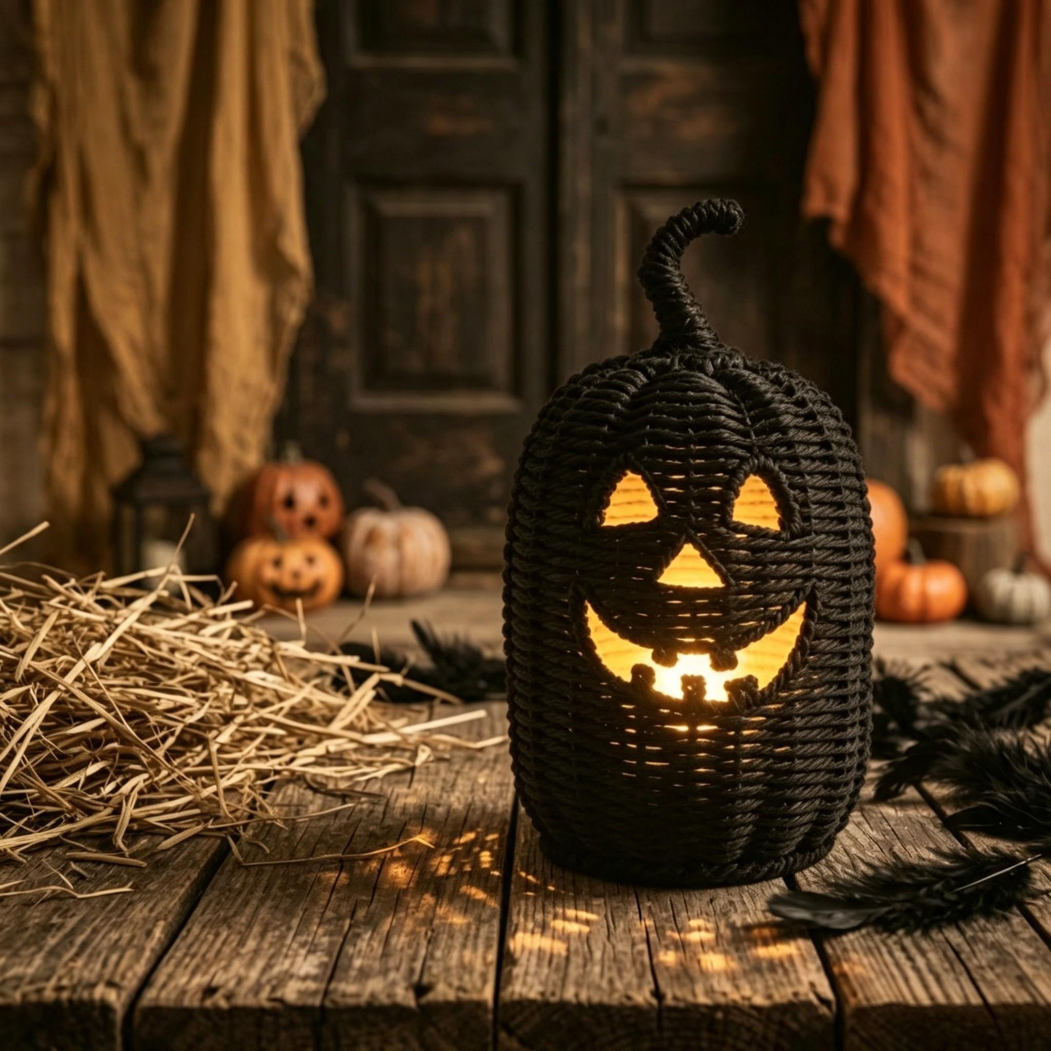 1PC Woven Black Pumpkin Jack-o'-Lantern Candle Holder, Halloween Tabletop Tealight Holder, Home & Party Decor Ornament, Tea Light Candle Holders