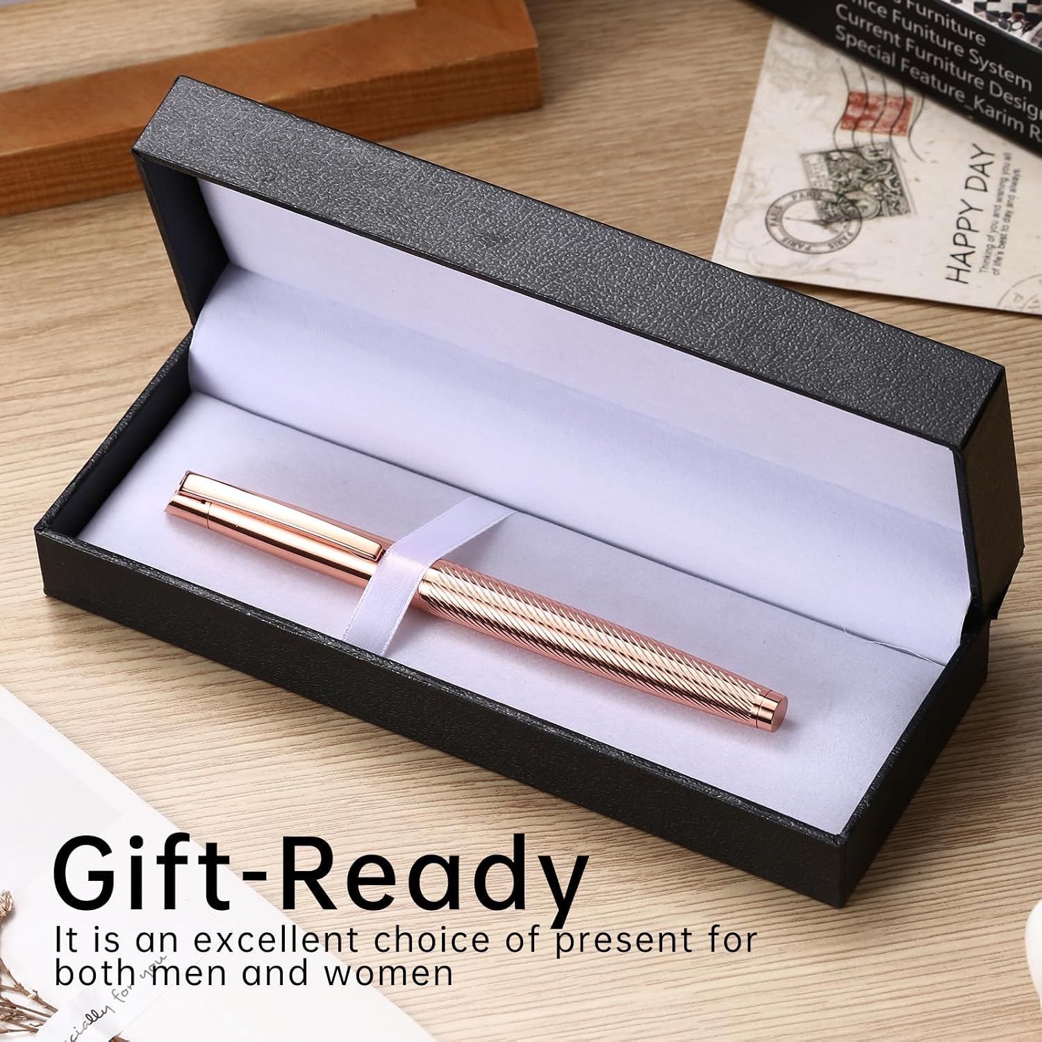 Women's Luxury Rosegold Stainless Steel Rollerball Pens Set - Smooth-Write Refillable Black Liquid Ink, Fancy Gift Box for Executive Office Use