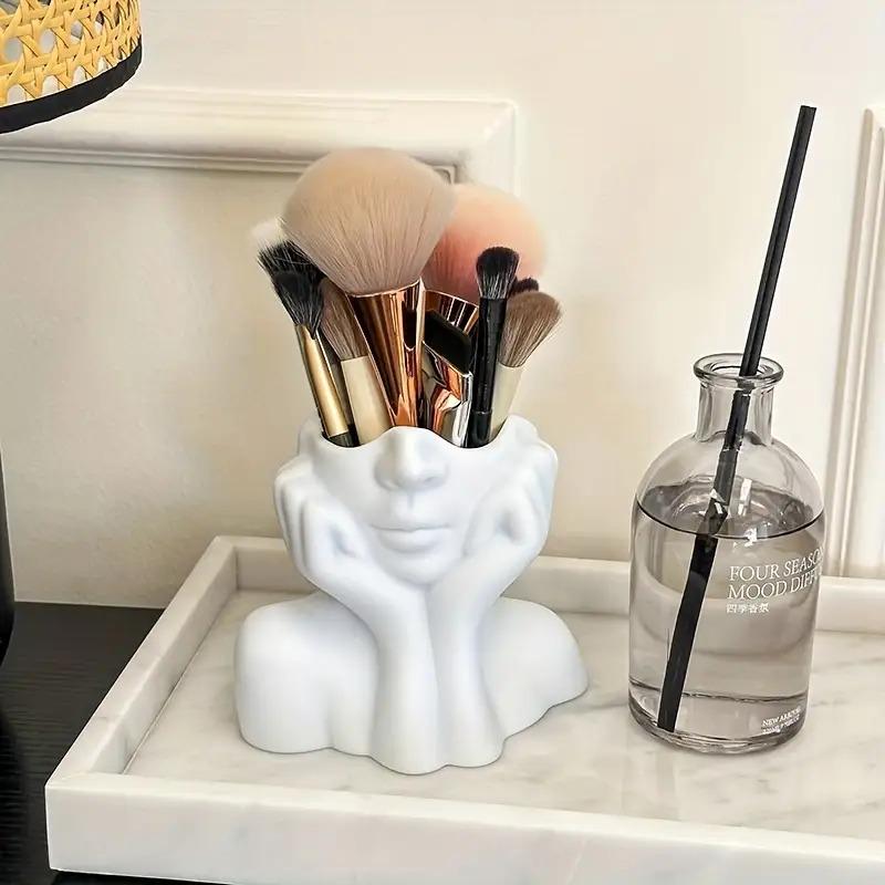 Face-Shaped Makeup Brush Holder - White Vanity Organizer with Eyebrow Pencil Slots, Portable & No Assembly Needed for Desk/Bathroom, Makeup Tool Organizer