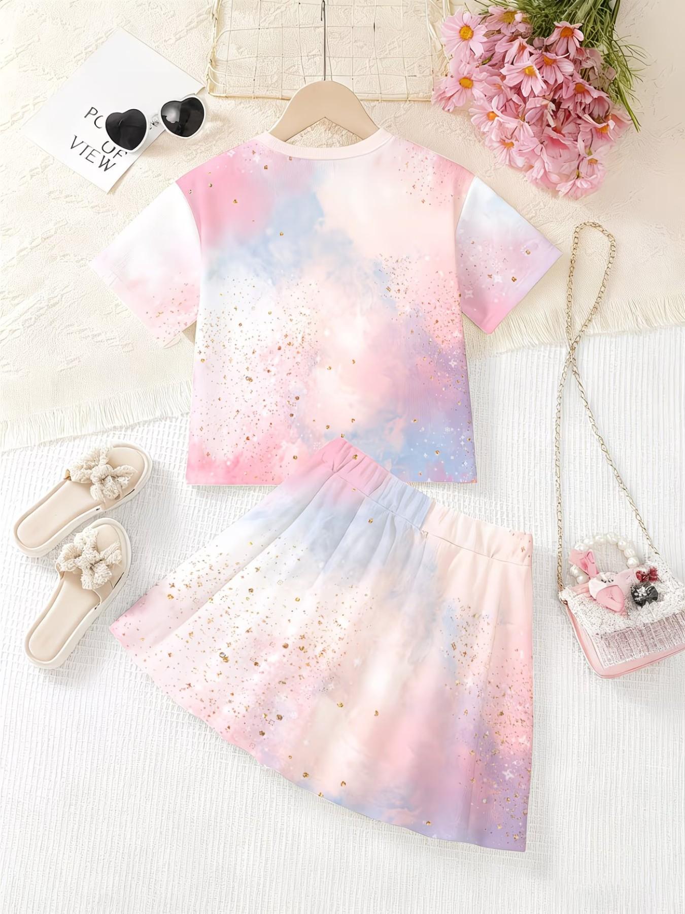 Girls' 3D Turtle Print Top and Skirt Set, Casual Slim-Fitting Summer, Round Neck Short Sleeve, Daily Wear