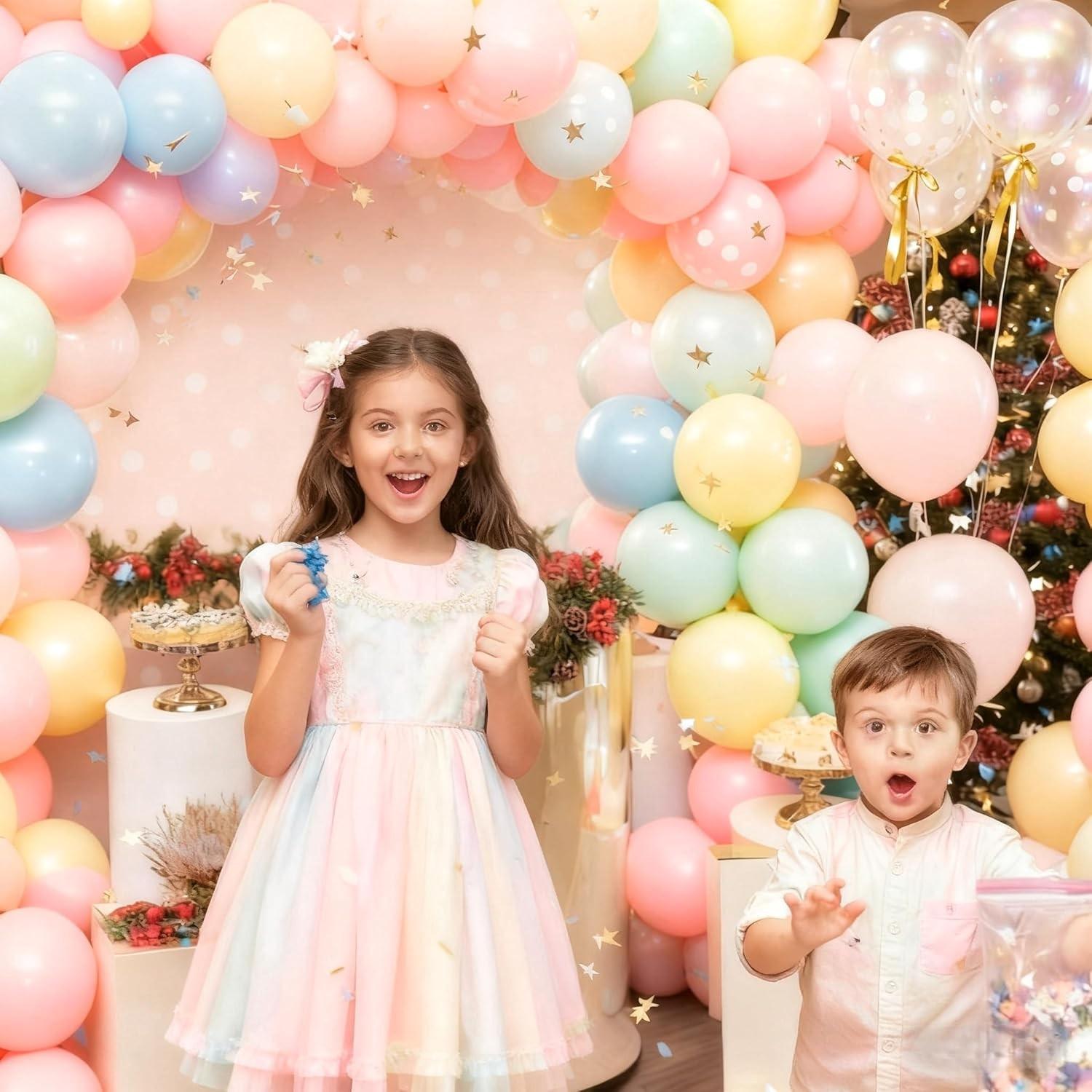 Pink bow balloons, rainbow balloon birthday decorations, 53 pieces of 12 inch pink bow printed balloons with 2 plain ribbons, children's confetti balloons, girls' princess bridal gift party decorations