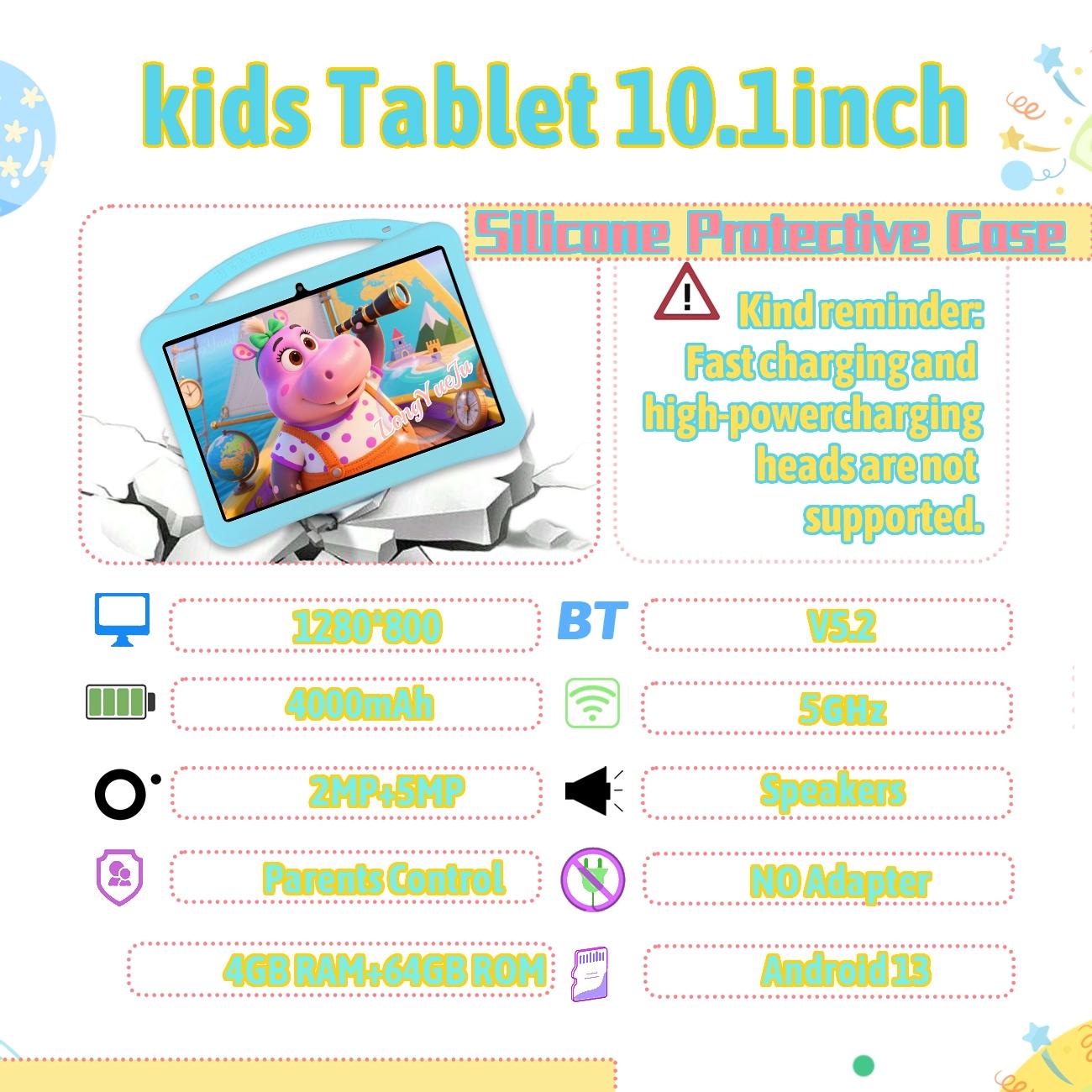 10.1-inch Android tablet, best-selling style, equipped with multiple smart applications, IWAWA educational software includes knowledge from multiple fields, with parental control function, no adapter, blue/pink, suitable as a holiday gift