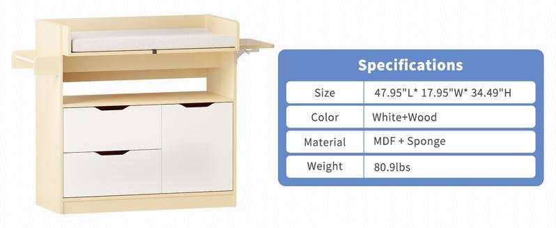 LInor Baby Changing Table Dresser with 3 Drawers and 1 Storage Shelves, Baby Changing Station with Light Wooden and White Finish Newborn Nursery