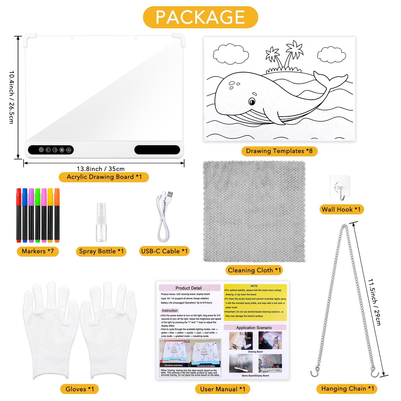 Rechargeable LED Acrylic Writing Board, 13.8x10.4 Inch Light Up Memo Board, 7 Colors, Includes 7 Markers, Home Office Christmas Gift