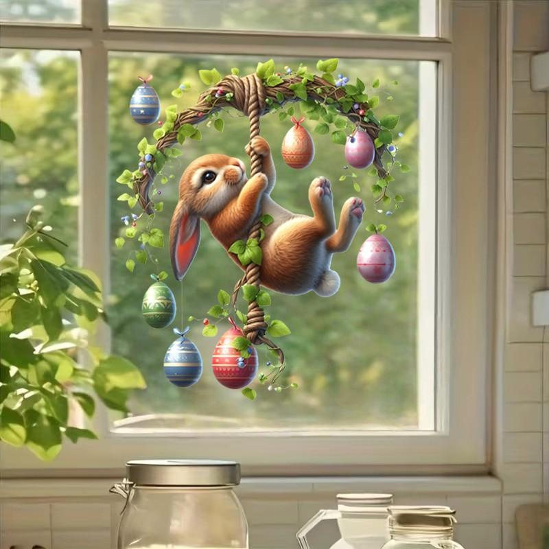 Charming Rabbit Easter Egg Window Stickers, Floral Design, Wall Decor, Home Decoration, Party Supplies, Unique Gift, Eye-Catching Easter Decor