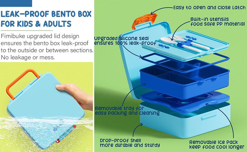【Back to School】Fimibuke Chill Bento Box, Leak Proof Lunch Box with Ice Pack Keep Food Cold, BPA Free 4-Compartment Lunch Container with Utensils for Girl Boy School, Microwave Dishwasher Safe