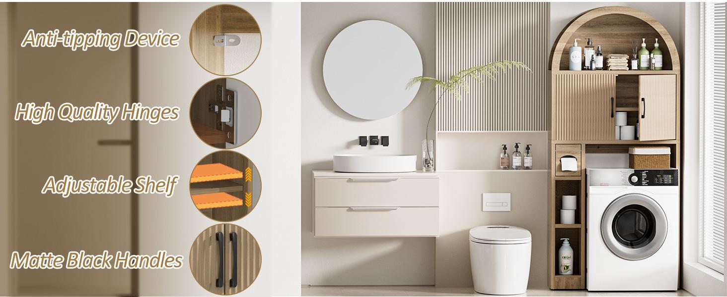 Over The Toilet Storage Cabinet, Freestanding Bathroom Organizer with Adjustable Shelf and Anti-Tip Device, Arched Cabinet with Doors, Space-Saving Toilet Storage for Bathroom, Laundry, Mini Bar Modern Organization Design