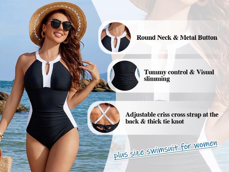 BMJL Plus Size Full Coverage Retro Color Block Swimwear Women Tummy Control Modest One Piece Swimsuit