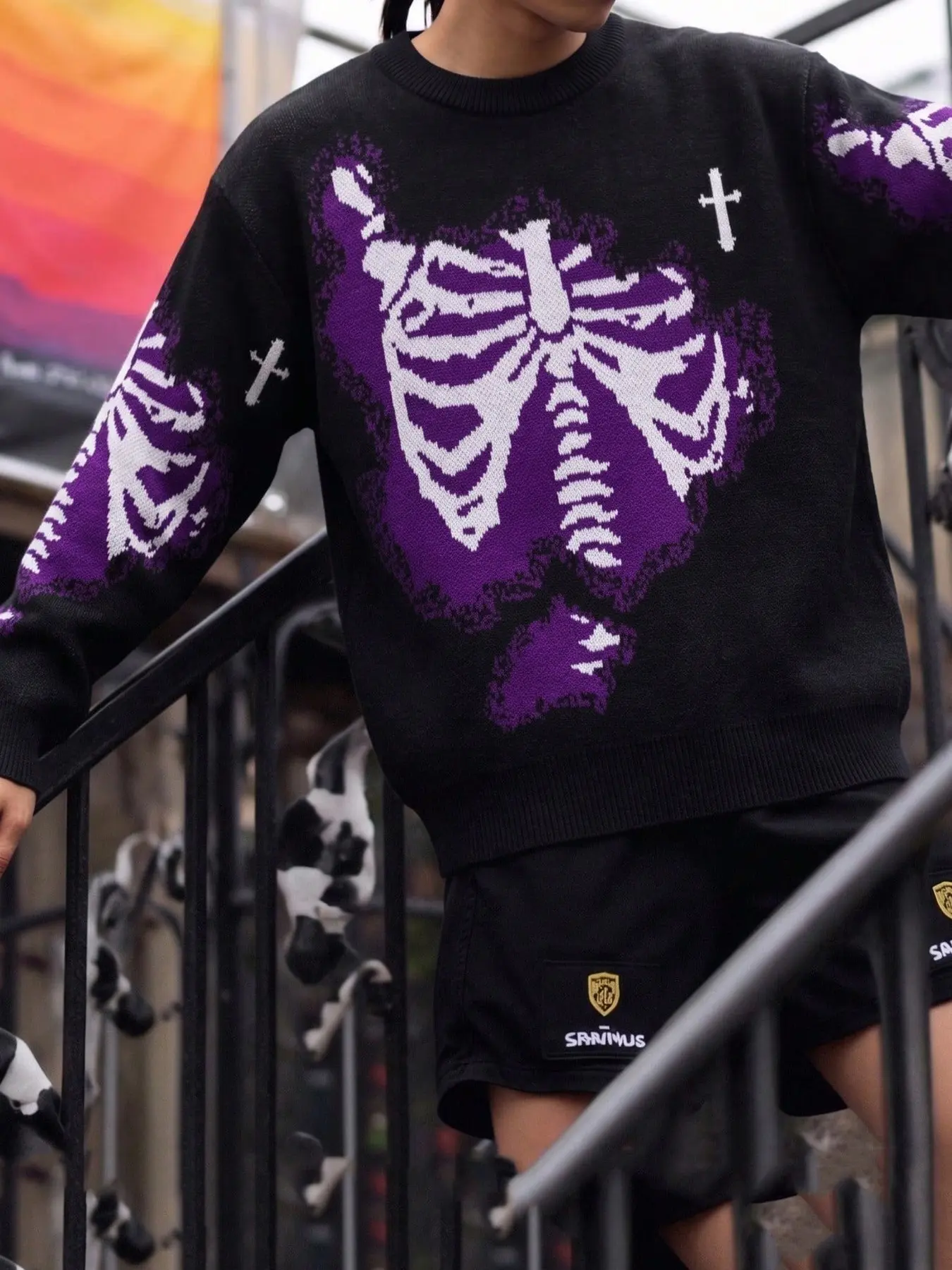 Unisex Gothic Crewneck Knit Sweater, Black Purple Skeleton Ribcage Jacquard Long Sleeve Pullover, Soft Thick Warm Streetwear Jumper with Cross Pattern for Fall Winter Punk Alt Daily & Party Outfit
