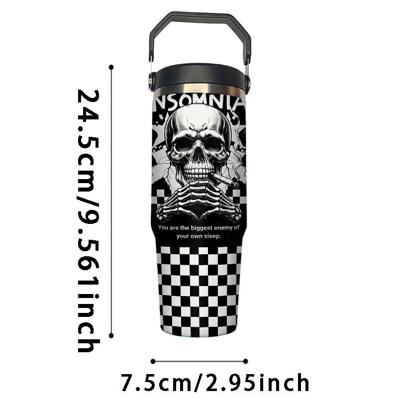 Loyr 30oz Insulated Travel Mug, Skull Design Stainless Steel Leak-Proof Straw Cup, Large Capacity Portable Cup for Commute Outdoor Use, Perfect Gift