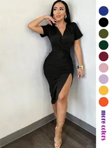 Elegant Pleated Collar Dress, Short Sleeve Summer Dress, Split Hem, Perfect for Parties, Weddings, Office Wear, Women's Fashion