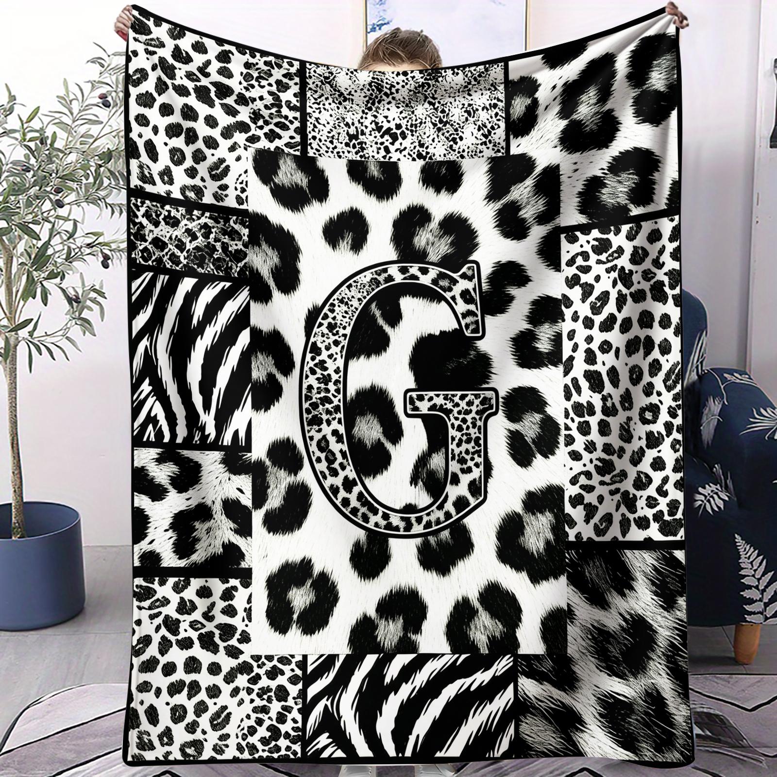 Custom Initial Animal Print Throw Blanket, Trendy Patchwork Visual Impact, Skin-friendly Breathable Lightweight, Perfect for Rental Bedroom Daily Use