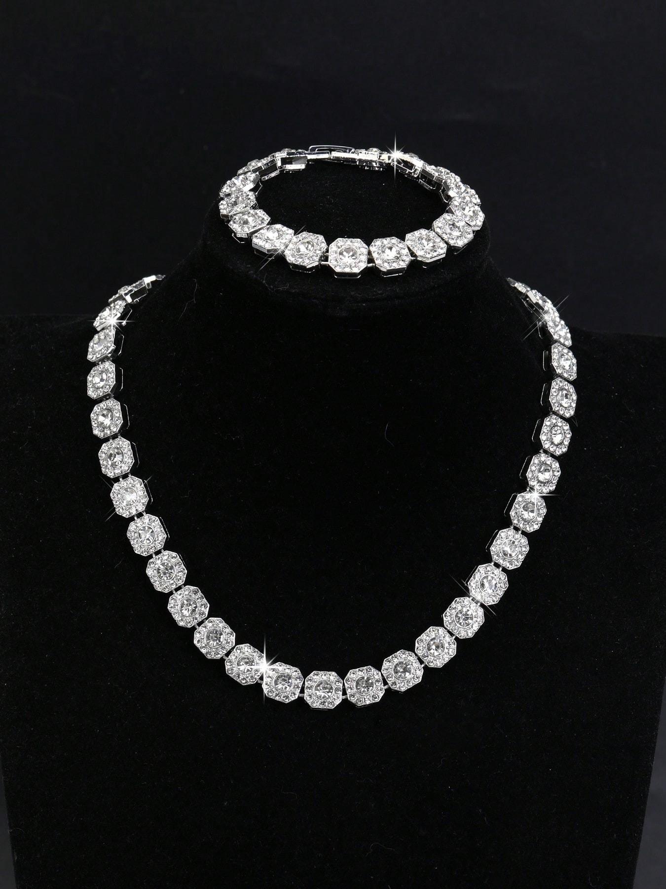 Men's and Women's Rhinestone Cuban Chain Necklace Set, Full Diamond Square Design, Street Party Jewelry, Unique Gift Idea