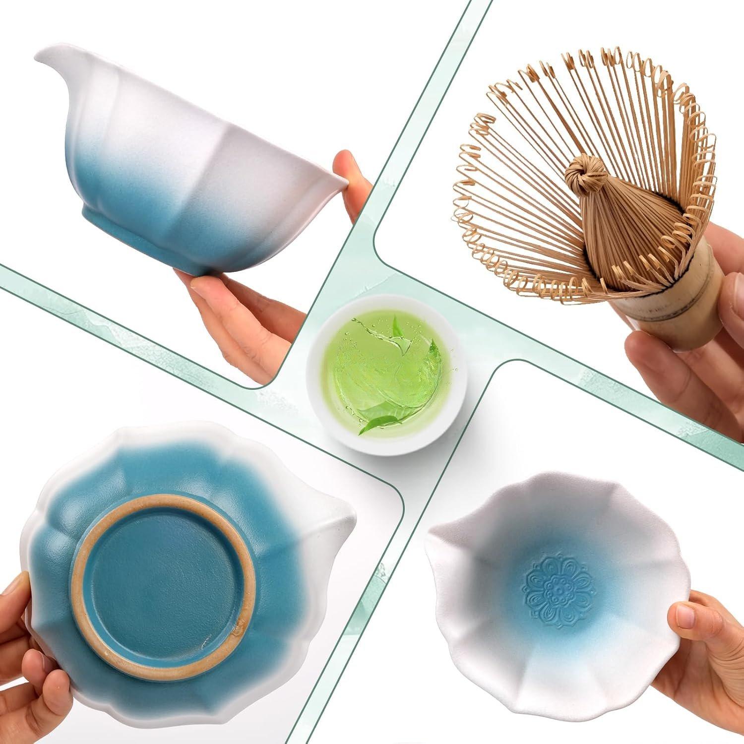 Matcha Whisk Set, Matcha Set Whisk And Bowl, 8 count Matcha Kit Set(Lotus Design), 11 OZ,  Matcha  Set, Matcha Making Kit Gifts for  Lovers(Gradient Blue)