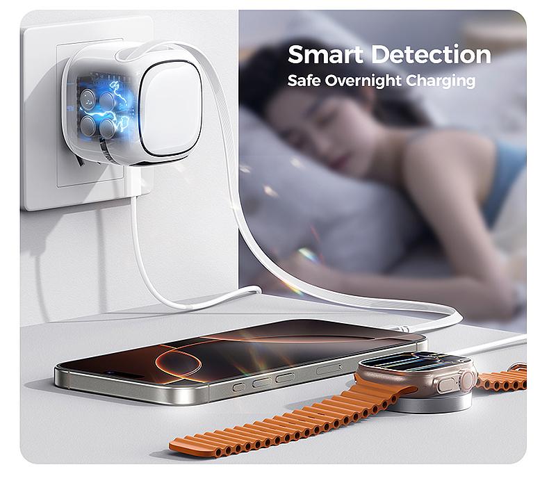 NEW - MAGIC JOHN GaN Charger Compatible with 65W Fast Charger with Retractable Type-C Cable, Dual-Port Output, Safer Charging, Paortable for iPhone, iPad, Macbook, Airpods, and Android