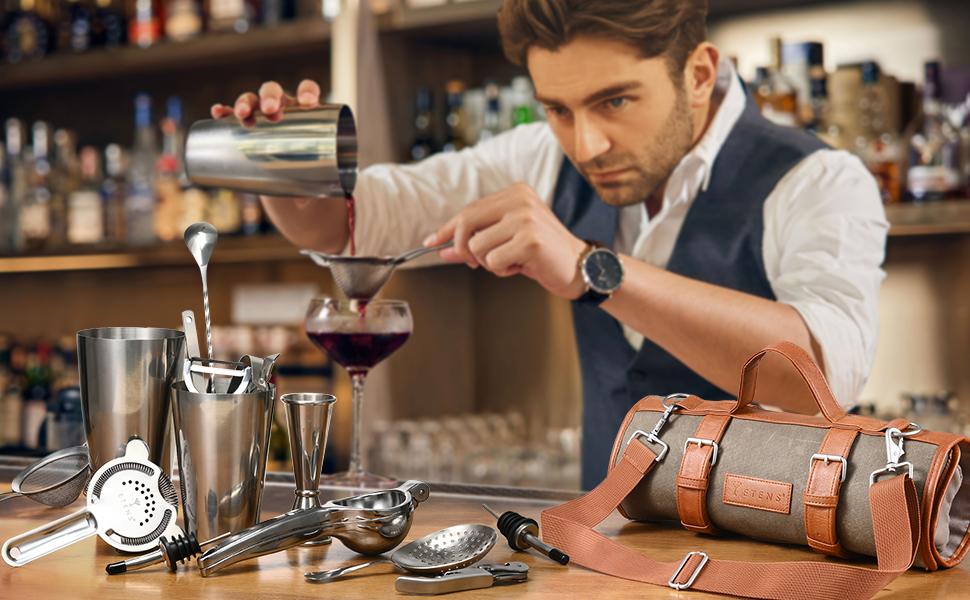 Travel Bartender Kit – 22-Pc Bartending Kit with Bar Bartender Accessories, Waxed Canvas Tool Bag – Stainless Bar Set with Standard Jigger, Squeezer