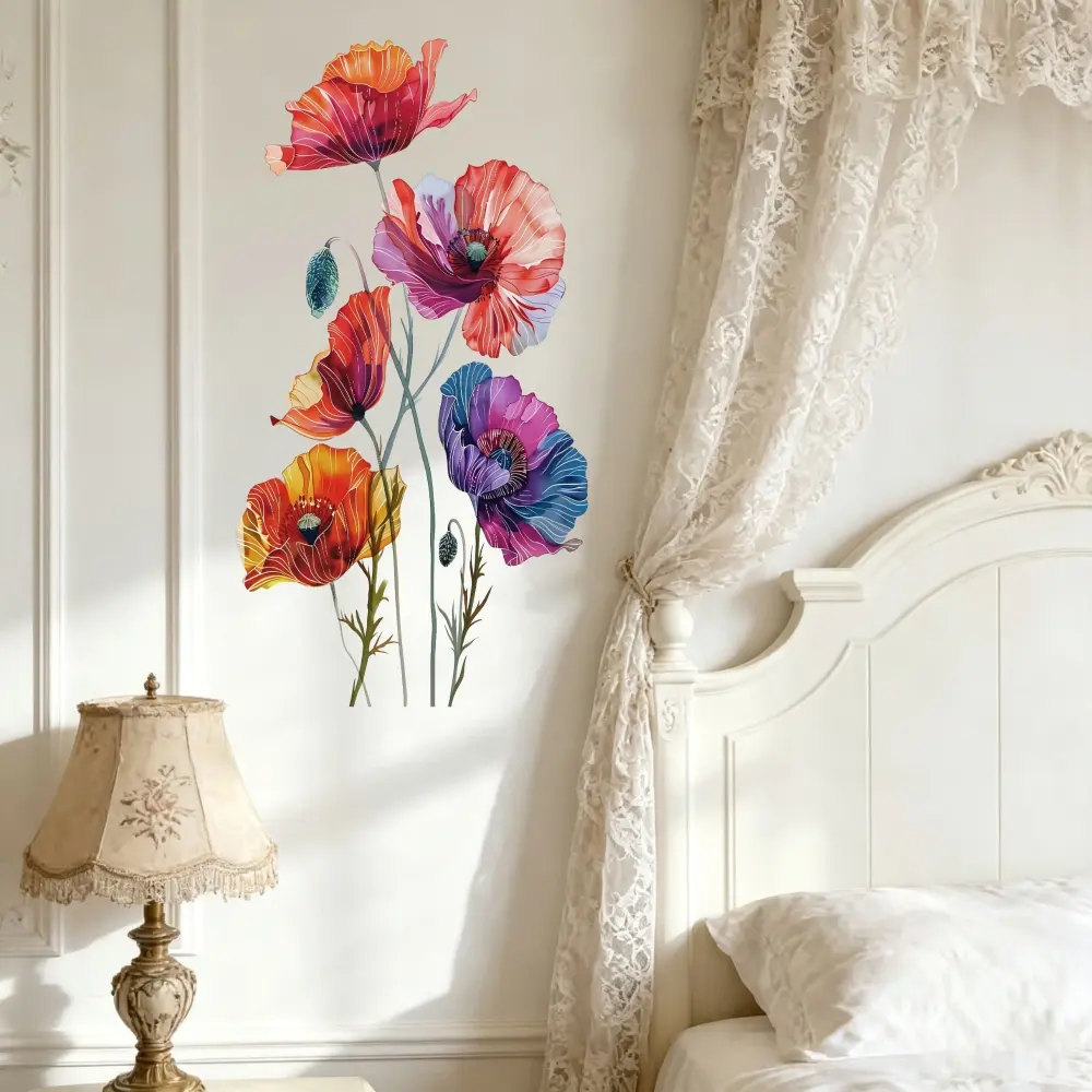 1Pc, Watercolor Style, Colorful Poppy Flowers Pattern, Flower Bouquet Shape, Self-Adhesive Wall Sticker, Suitable For Wall Decoration, Background Wall Panel Beautification