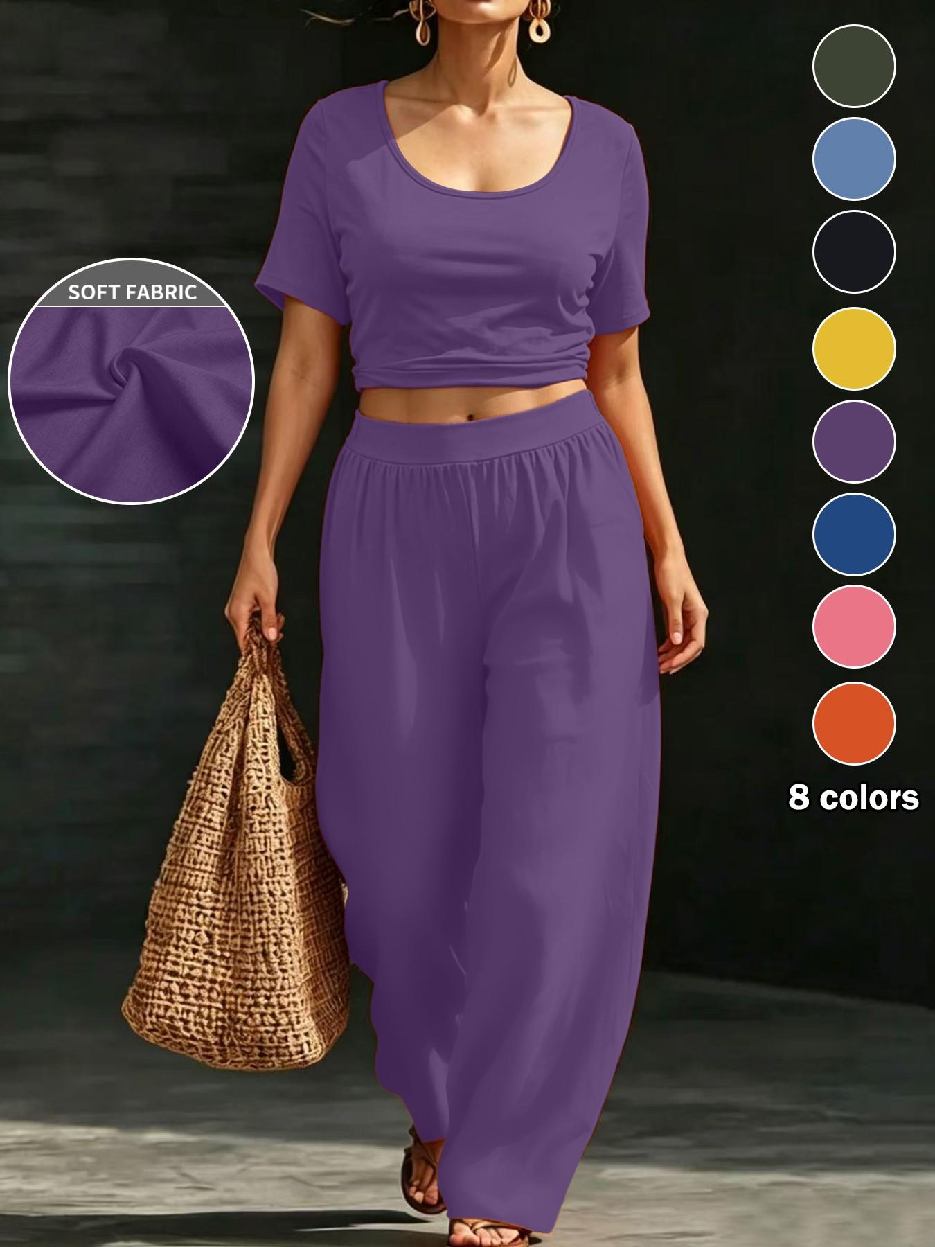 Plus Size Women's 8 Color Options, Casual Solid Shorts U-Neck Top + Loose Wide Leg Pants Set, Fit, Lazy Style, Daily Wear, Vacation, Home Essentials, Clothes