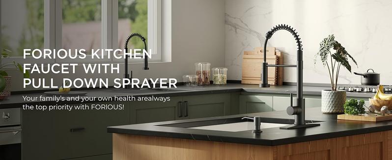 FORIOUS Kitchen Faucet with Soap Dispenser, Faucets with Pull Down Sprayer, Stainless Steel High Arch Spring Sink Faucet for Laundry Sink RV Bar