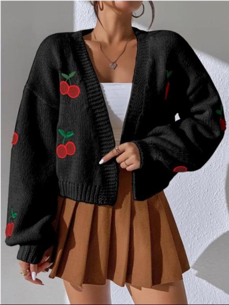 【Plus Size】 Cherry Embroidery Drop Shoulder Open Front Cardigan, Casual Long Sleeve V Neck Knitwear for Spring & Fall, Women's Plus Clothing for Daily Wear