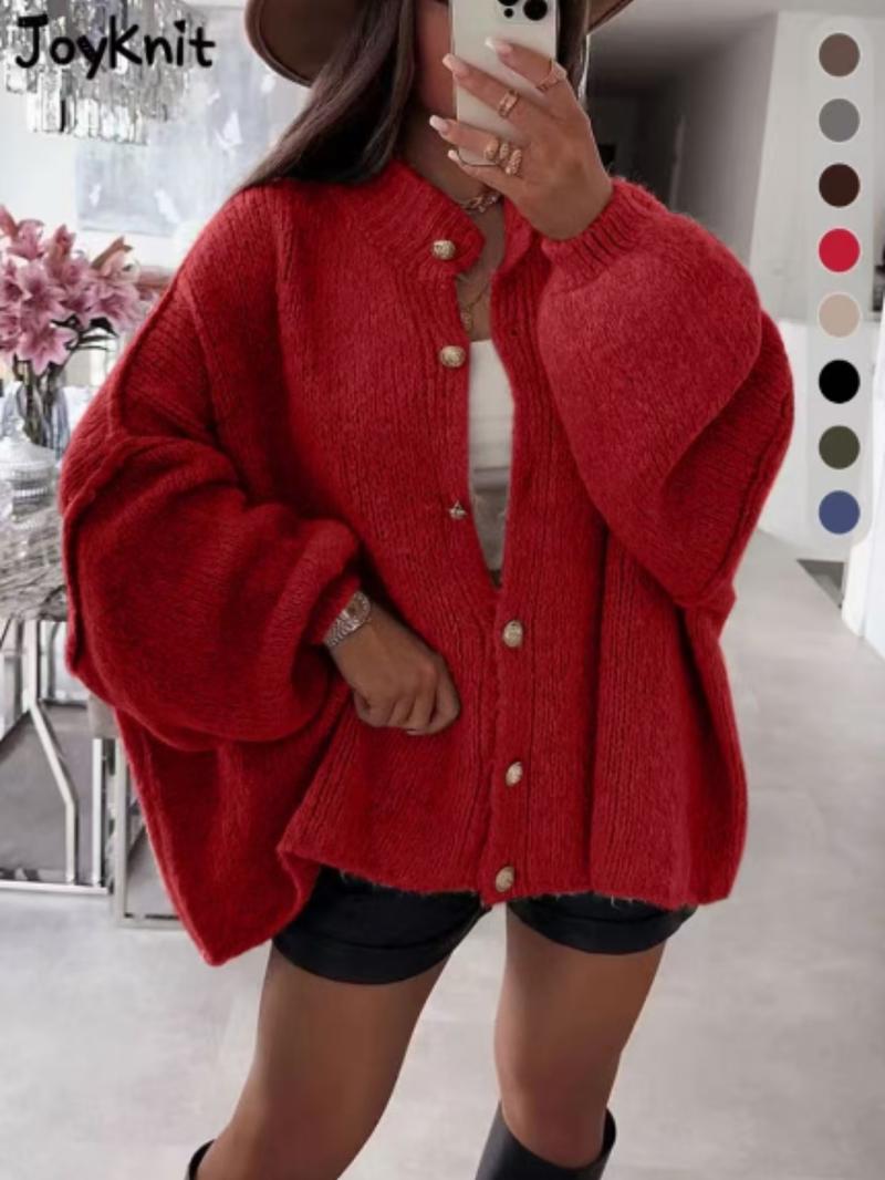 Women's Oversized Knit Cardigan Sweater, Casual Loose-Fitting Round Neck Long Sleeve Drop Shoulder Design, Fall Winter Fashion, Knitted Cardigan Tops