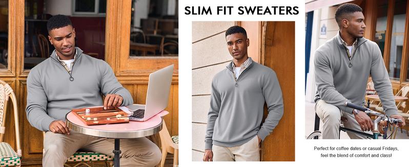 Runcati Mens Quarter Zip Pullover Sweater Lightweight Mock Neck Slim Fit Pullover Knit Casual Polo Sweaters