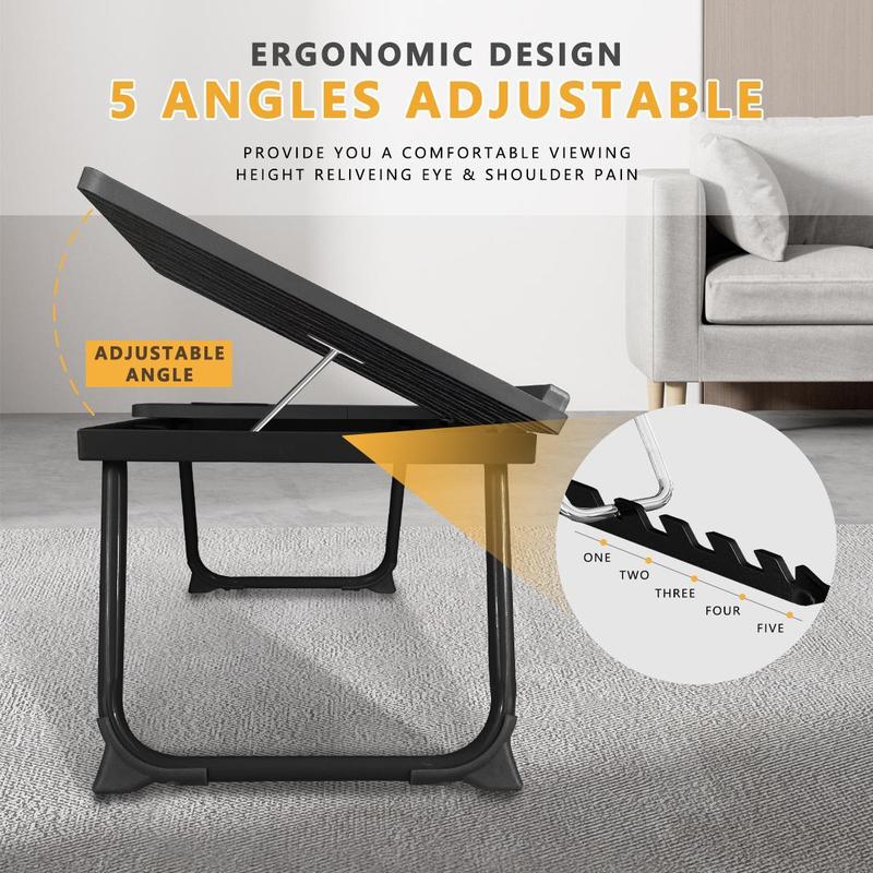 Foldable Laptop Bed Desk Tray with 4 USB Ports Portable Lap Table Tiltable Tabletop Wood Workstation Storage Drawer Cup Holder for Home Bed Couch Working Reading