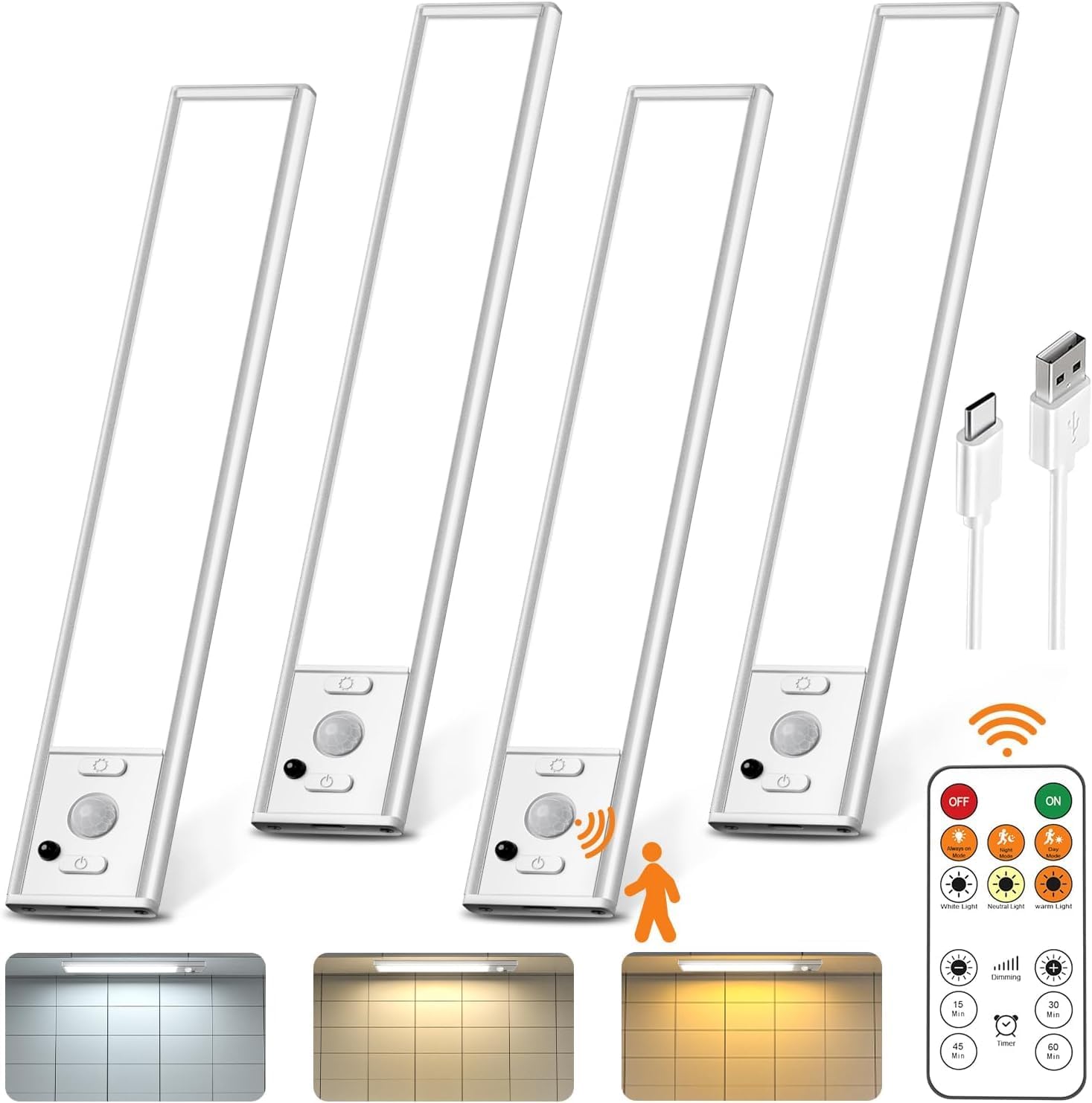 9" Under Cabinet Lighting Wireless, Motion Sensor Light Indoor with Remote, LED Rechargeable Closet Light, 3 Color Temps, Dimmable, Magnetic, Under Counter Lights for Kitchen, Stairs, Pantry