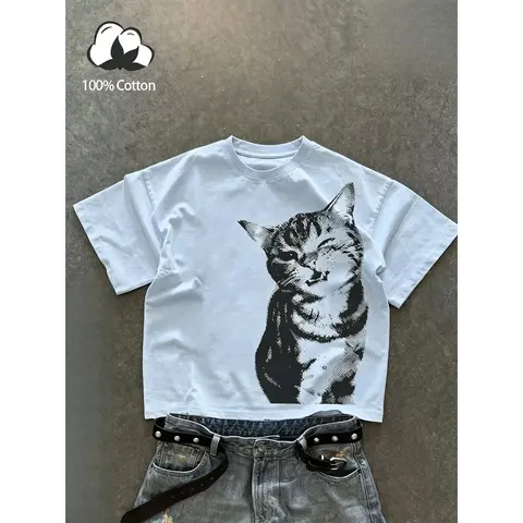 Unisex style, American streetwear-inspired cute cat print loose-fitting drop-shoulder short-sleeved T-shirt, 100% cotton heavyweight casual summer T-shirt, playful and fun T-shirt, suitable for pet enthusiasts, couples’ T-shirts, available in multiple col