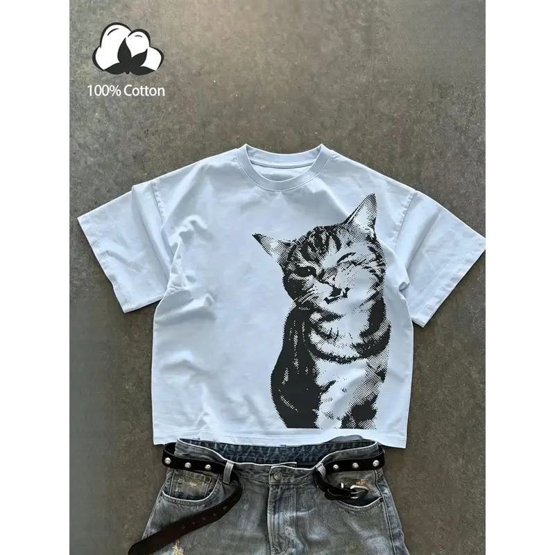 Unisex style, American streetwear-inspired cute cat print loose-fitting drop-shoulder short-sleeved T-shirt, 100% cotton heavyweight casual summer T-shirt, playful and fun T-shirt, suitable for pet enthusiasts, couples’ T-shirts, available in multiple col