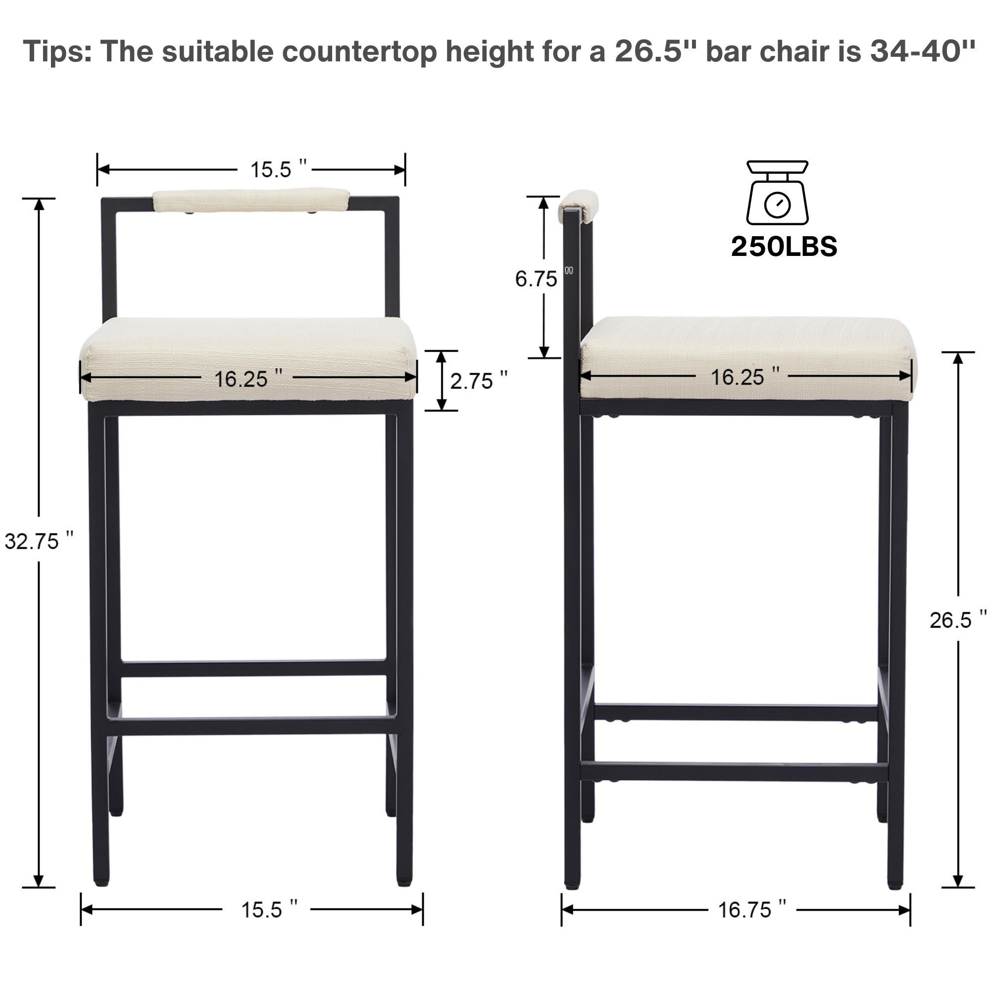 CHAIRUS 26.5 Counter Height Bar Stools Set of 2,Beige Linen Counter Stool With Black Metal Legs,Upholstered Armless Kitchen Island Chair With Back and  Footrest,Modern Bar Stools for Kitchen Island,Dining Room