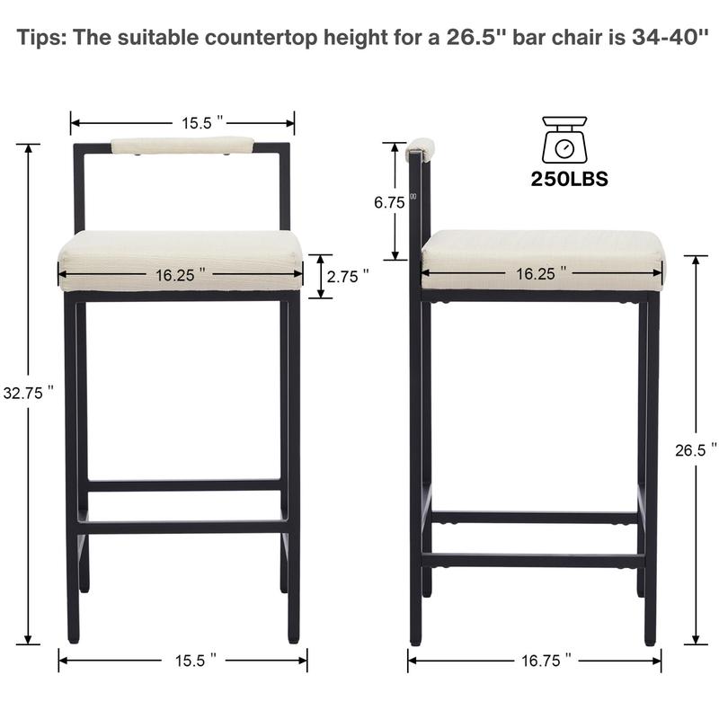 CHAIRUS 26.5 Counter Height Bar Stools Set of 2,Beige Linen Counter Stool With Black Metal Legs,Upholstered Armless Kitchen Island Chair With Back and  Footrest,Modern Bar Stools for Kitchen Island,Dining Room