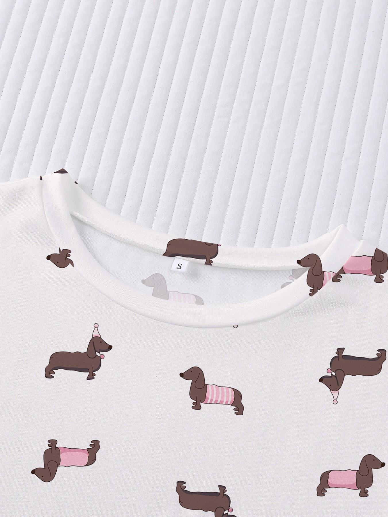 Women's 2-Piece Pajama Set, Casual Cute Weiner Dog Print, Loose-Fit Short Sleeve T-Shirt and Elastic Waist Shorts, Summer Sleepwear