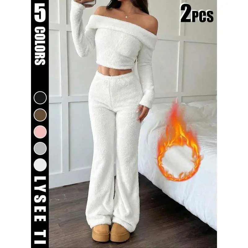 Autumn and winter women's soft plush suit, one shoulder short top+pants, milky white to show off temperament, suitable for both home and outdoor activities, lazy yet fashionable