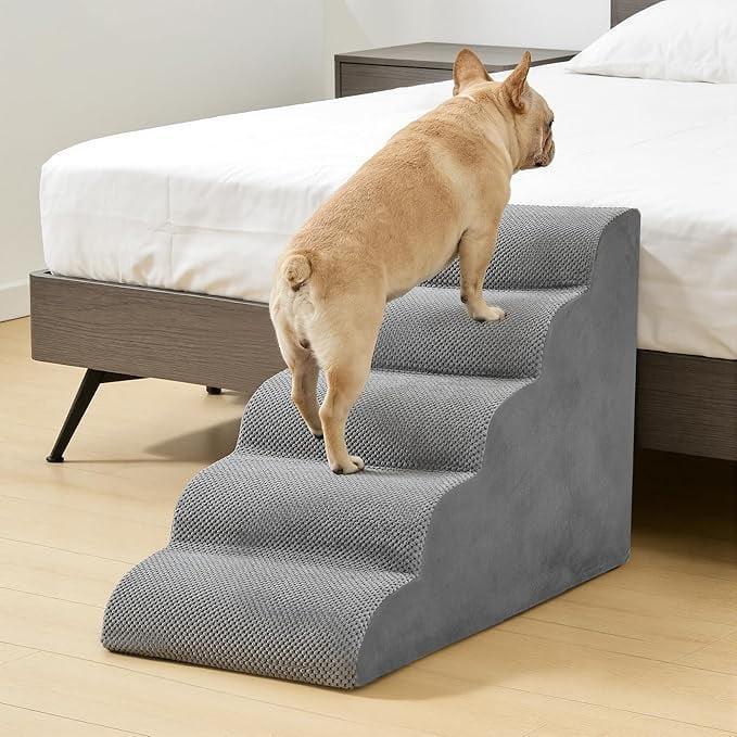 5-Step High-Density Foam Curved Pet Stairs, Non-Slip Dog Steps & Ramp for Small Dogs/Cats, Soft Washable Cover, Gentle Incline Design to Protect Joints, Ideal for Accessing Beds, Couches & High Surfaces