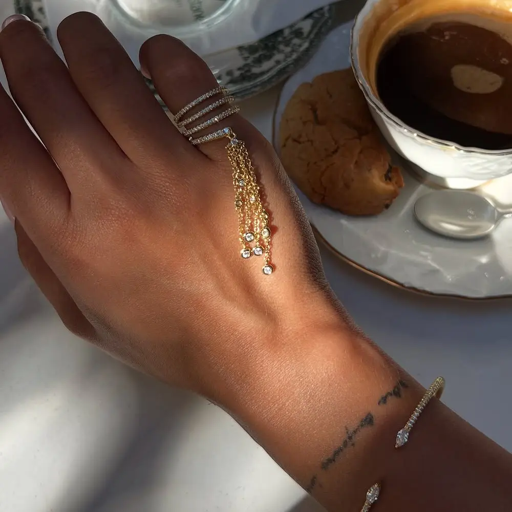 Loveden Women's 14K Gold Plated Wrap Tassel Ring - CZ Paved, Long Chain Dangling, Non-Tarnish Jewelry for Daily, Party, Holiday Gifts
