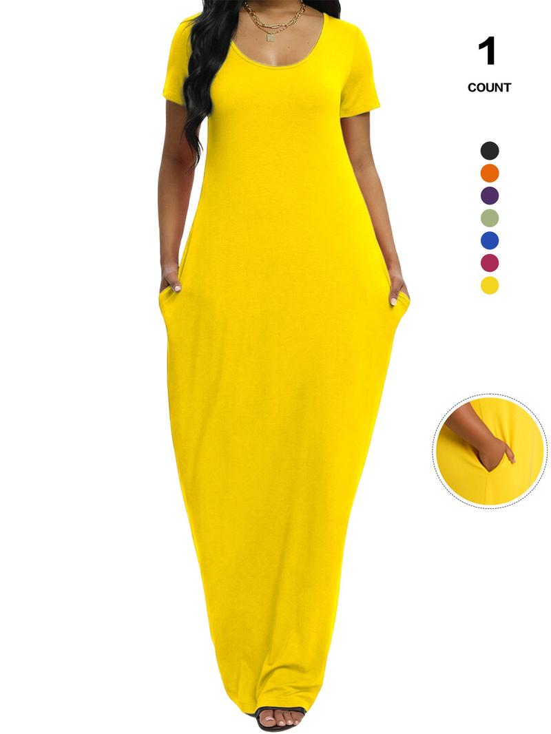 Plus Size Women's Solid Color Dress, Sexy Round Neck Short-Sleeved Long Dress, European and American Summer New Arrival, Casual Style