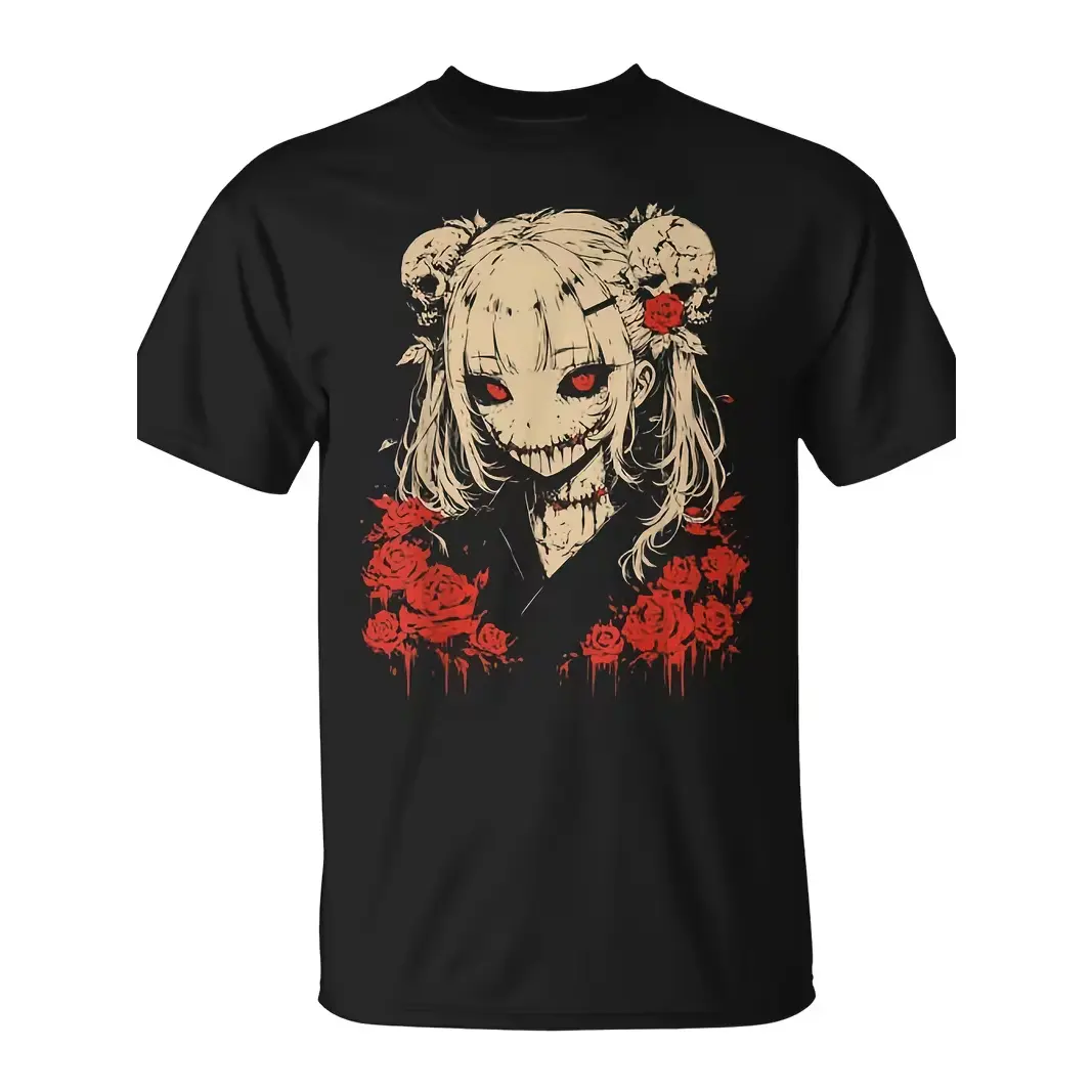 Creepy Anime Skull Girl with Red Roses Graphic Tee – Black Tee With High-Quality Printed Horror Anime-Style Girl with Skull Bun Hairpins, Glowing Red Eyes, Stitched Smile & Bleeding Red Roses, Dark Kawaii Halloween Aesthetic, 100% Cotton, Ideal Gift For A