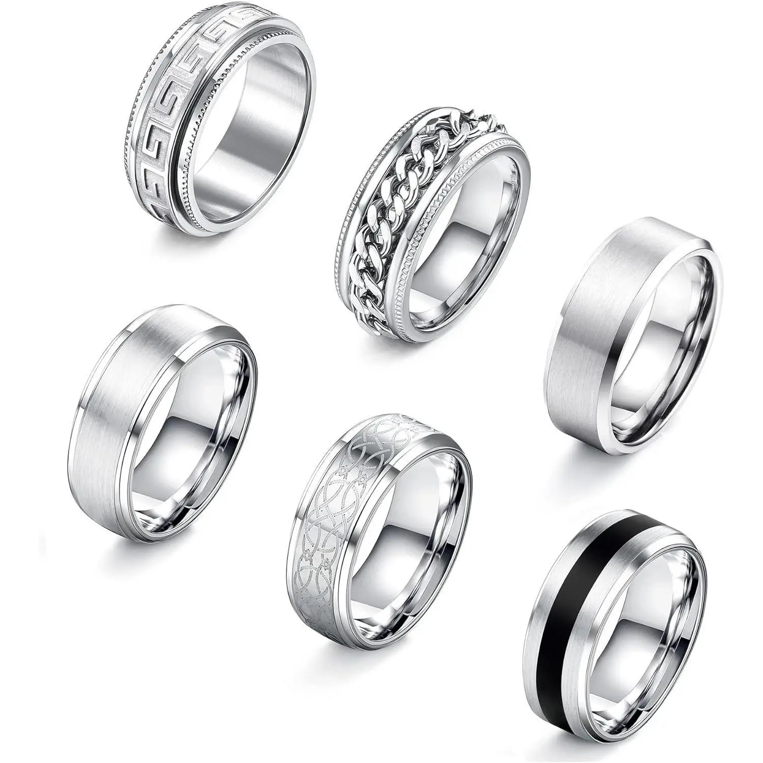 Cassieca  6 Count Mens Rings 316L Stainless Steel Rings for Men Women Rings Vintage Mens Thumb Rings Engagement Rings Wedding Band Fidget Mens Ring Set Daily Men's Accessories, Luxury Sohochic