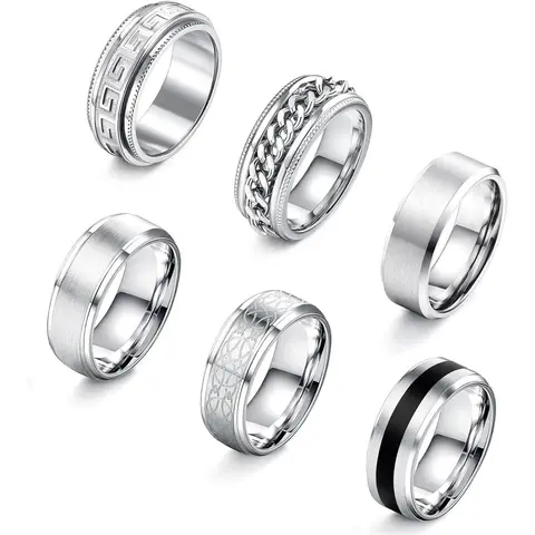 CASSIECA 6Count Mens Rings 316L Stainless Steel Rings for Men Women Rings Vintage Mens Thumb Rings Engagement Rings Wedding Band Fidget Mens Ring Set Daily Men's Accessories, Luxury Sohochic