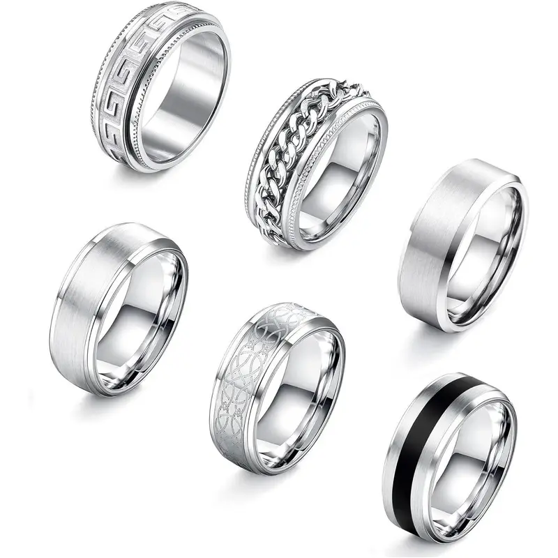 CASSIECA 6Count Mens Rings 316L Stainless Steel Rings for Men Women Rings Vintage Mens Thumb Rings Engagement Rings Wedding Band Fidget Mens Ring Set Daily Men's Accessories, Luxury Sohochic