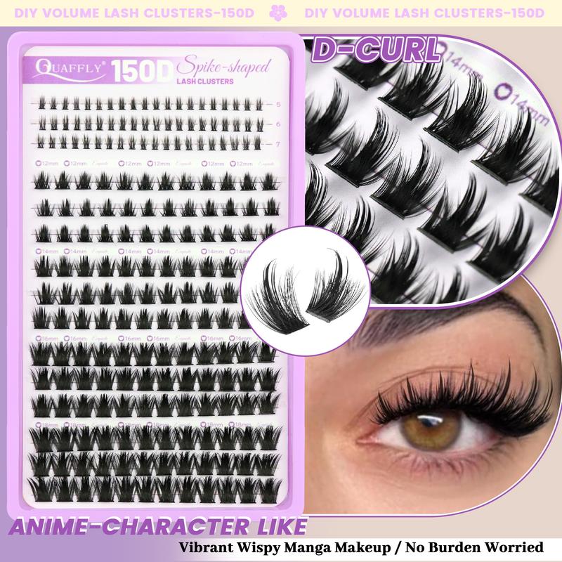 Manga Lash Clusters with Spikes Eyelash Clusters with Bottom Lashes 12-18MM Long Fairy Cluster Eyelash Extensions 204Pcs 150D Wispy Extension With Lash Bond&Seal Tweezer Brush DIY at Home, Individual Eyelashes Kit, Eyelashes Extensions