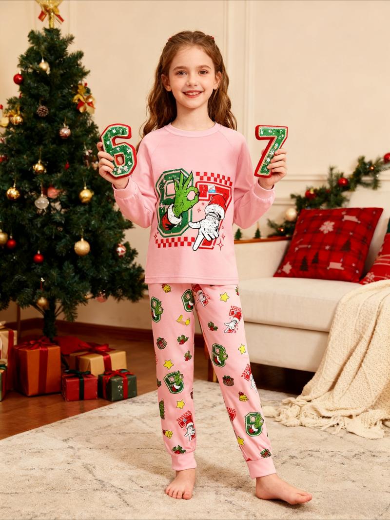Kids' Christmas Santa Hat Print Pajama Set, Comfortable Soft Pajama Set For Holiday Gift Essential, Cartoon Print Pajama