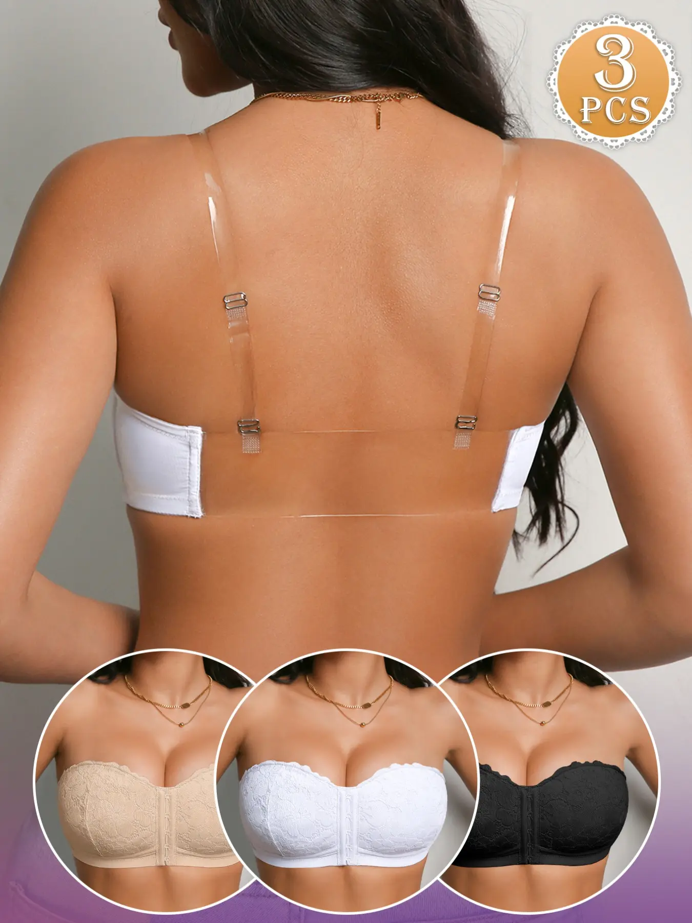 2/3PCSWomen Non-slip Lace Strapless Bandeau Bra, Front Closure, Detachable Clear Straps, Push Up Anti-sagging, Ideal for Wedding, Off-shoulder & Backless Outfits