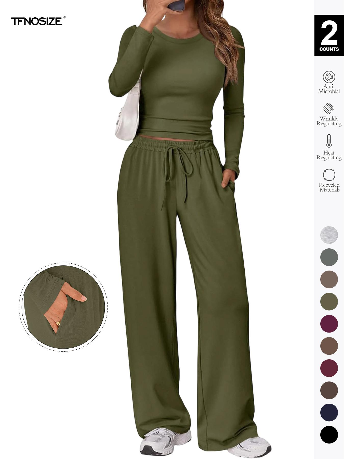 Women's 2 Piece Matching Loungewear Set, Long Sleeve Slightly Crop Fitted Top & Wide Leg Drawstring Pants, Casual Sweatsuit for Fall & Winter