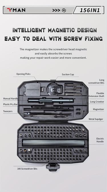 VMAN 156in1 Portable Cordless Heavy Duty Power Handle Electric Screwdriver for Electronics & DIY Hardware Repair